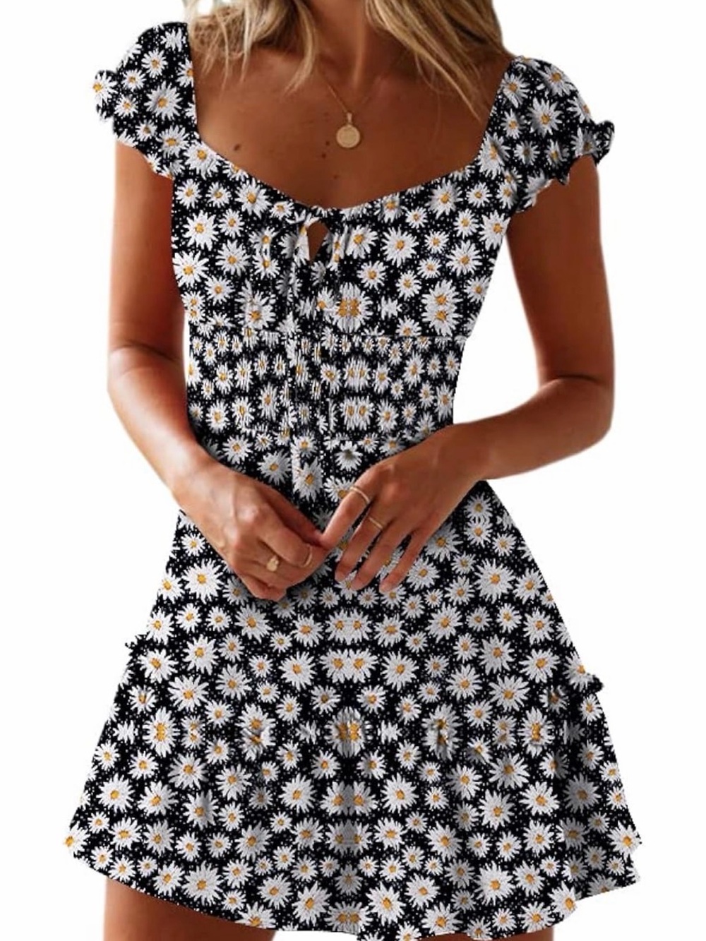Echo Black Daisy-Print Mini Dress with White & Yellow Blossoms